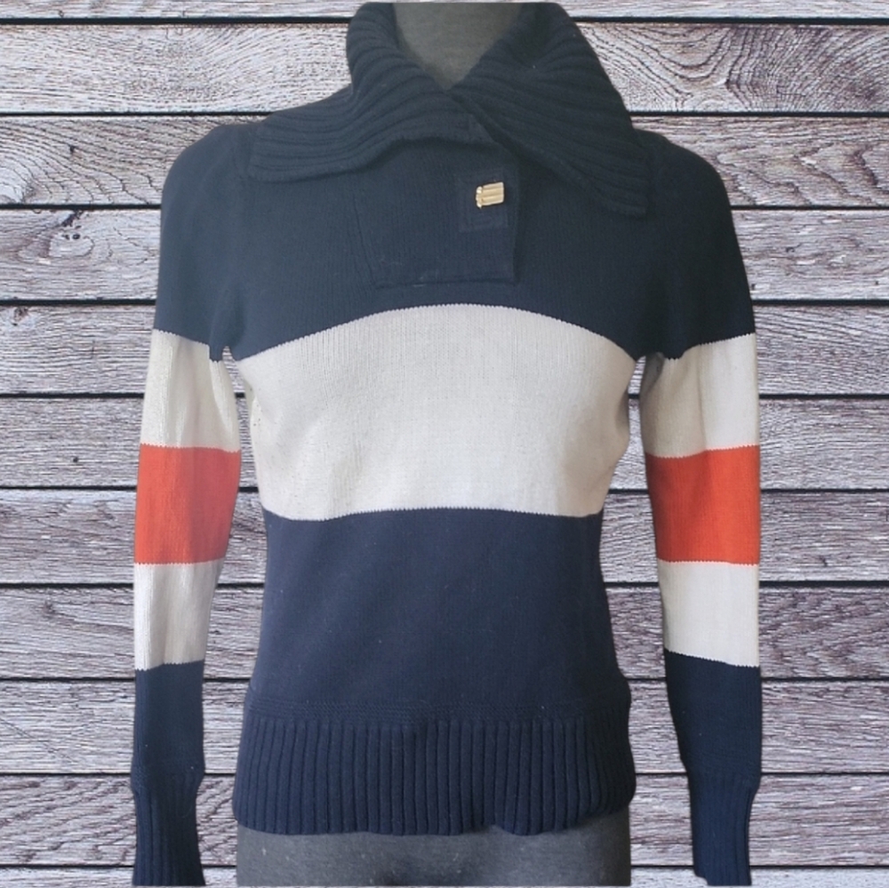 Ralph Lauren Navy and White Striped Sweater with Red Accents